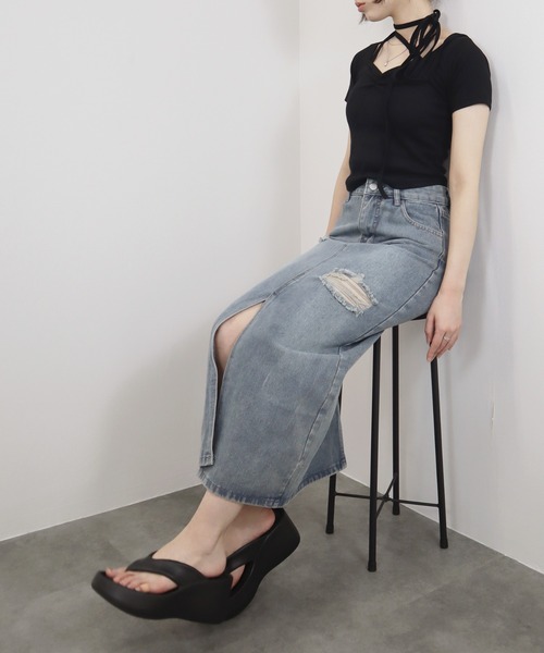 Reurie'(レウリィ)の「ダメージデニムスカート/damage denim skirt スカート デニム ブルー カジュアル ロング丈(スカート・レディース・ブルー・SMALL/MEDIUM)」の13枚目の写真