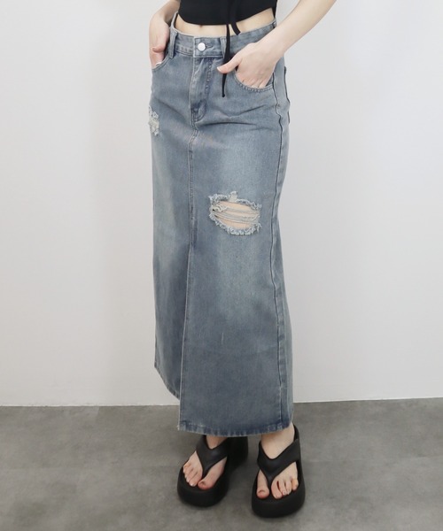 Reurie'(レウリィ)の「ダメージデニムスカート/damage denim skirt スカート デニム ブルー カジュアル ロング丈(スカート・レディース・ブルー・SMALL/MEDIUM)」の14枚目の写真