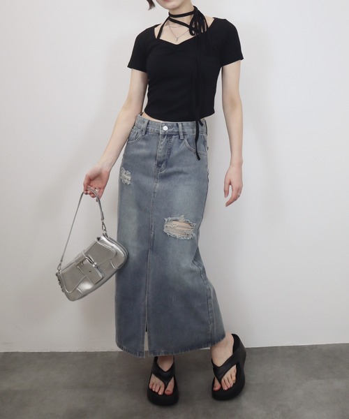 Reurie'(レウリィ)の「ダメージデニムスカート/damage denim skirt スカート デニム ブルー カジュアル ロング丈(スカート・レディース・ブルー・SMALL/MEDIUM)」の4枚目の写真