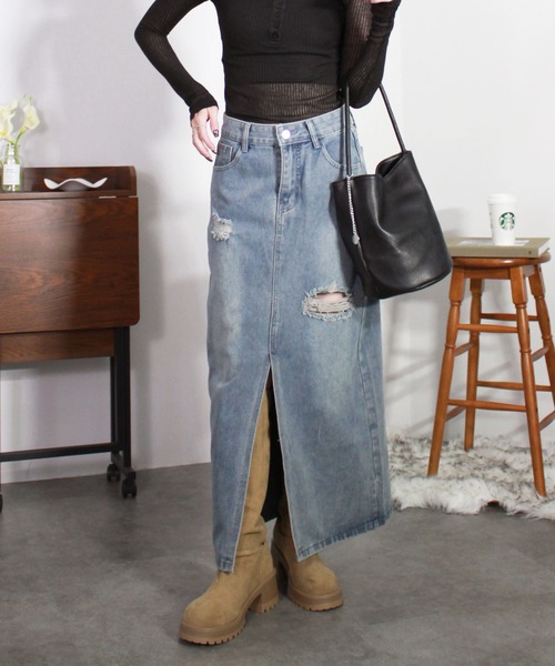 Reurie'(レウリィ)の「ダメージデニムスカート/damage denim skirt スカート デニム ブルー カジュアル ロング丈(スカート・レディース・ブルー・SMALL/MEDIUM)」の15枚目の写真
