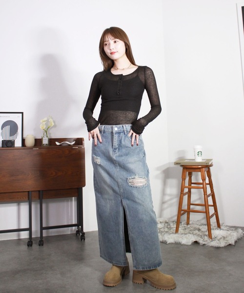 Reurie'(レウリィ)の「ダメージデニムスカート/damage denim skirt スカート デニム ブルー カジュアル ロング丈(スカート・レディース・ブルー・SMALL/MEDIUM)」の16枚目の写真
