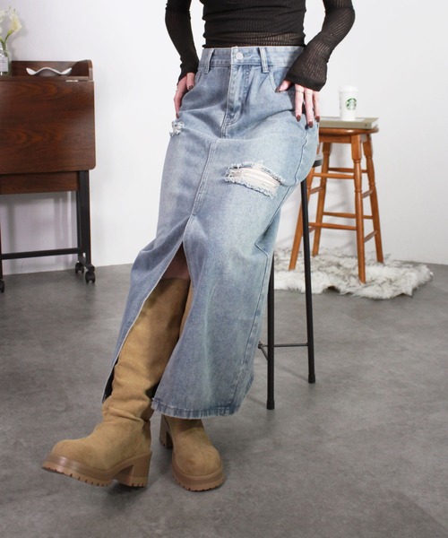 Reurie'(レウリィ)の「ダメージデニムスカート/damage denim skirt スカート デニム ブルー カジュアル ロング丈(スカート・レディース・ブルー・SMALL/MEDIUM)」の17枚目の写真