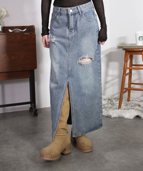 Reurie'(レウリィ)の「ダメージデニムスカート/damage denim skirt スカート デニム ブルー カジュアル ロング丈(スカート・レディース・ブルー・SMALL/MEDIUM)」の18枚目の写真