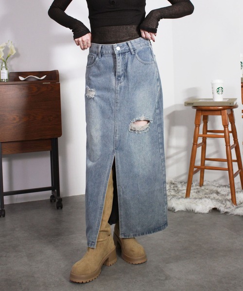 ダメージデニムスカート／damage denim skirt スカート デニム ブルー