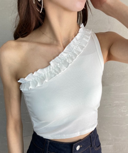 セール】カップ付き フリル ワンショルダー クロップドトップス（T