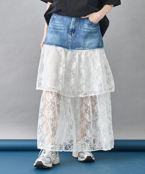 モナコで購入 レース×デニムスカート デニム レース 切替え ロング スカート全2色 S~2XL (スカート