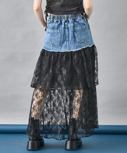 モナコで購入 レース×デニムスカート セール】レース ドッキング デニム スカート（スカート）｜ANAP