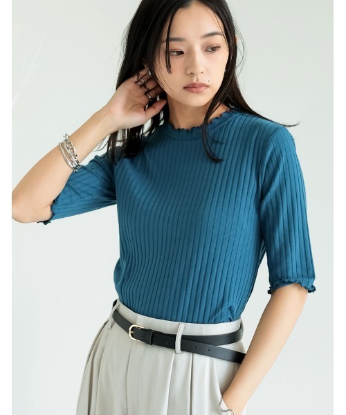 Re:EDIT(リエディ)の「リブカットソー半袖Tシャツ(Tシャツ/カットソー・レディース・ホワイト×ブラック/アイボリー/レッド/ブラック/ブルー/カーキ/グレイッシュベージュ/ブラック×ホワイト・MEDIUM/X-LARGE/LARGE)」の7枚目の写真