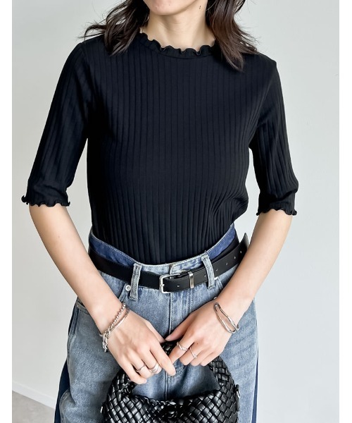 Re:EDIT(リエディ)の「リブカットソー半袖Tシャツ(Tシャツ/カットソー・レディース・ホワイト×ブラック/アイボリー/レッド/ブラック/ブルー/カーキ/グレイッシュベージュ/ブラック×ホワイト・MEDIUM/X-LARGE/LARGE)」の1枚目の写真