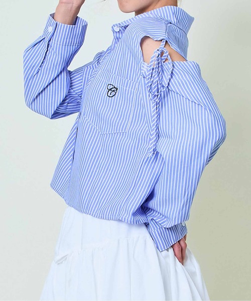 GORGE(ゴージ)の「《オープンショルダー×リボン》レディース シャツブラウス 抜け感トップス 春夏秋(シャツ/ブラウス・レディース・オフホワイト/ホワイト×ブラック/ブルー/ピンク・F)」の14枚目の写真