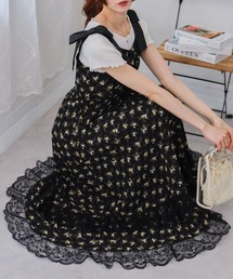 肩リボン 花柄裾レースフリル キャミワンピース