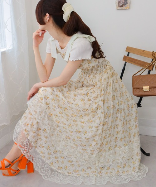 セール】肩リボン 花柄裾レースフリル キャミワンピース