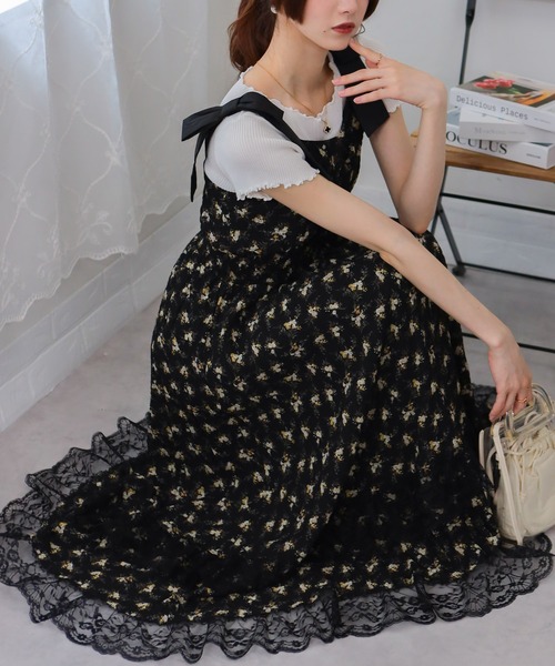 00s LIZLISA レース編み 肩リボンフリルニットキャミワンピ 姫カジ 00s LIZLISA レース編み 肩リボンフリルニットキャミワンピ 姫