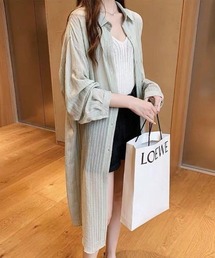 長く愛用できるシアーロング丈UVカット夏服ストライプブラウス