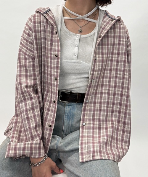 DOUBLE NAME(ダブルネーム)の「チェックフーディシャツ(シャツ/ブラウス・レディース・ピンク/ブラウン・FREE)」の1枚目の写真