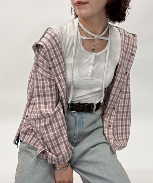 DOUBLE NAME(ダブルネーム)の「チェックフーディシャツ(シャツ/ブラウス・レディース・ピンク/ブラウン・FREE)」の4枚目の写真