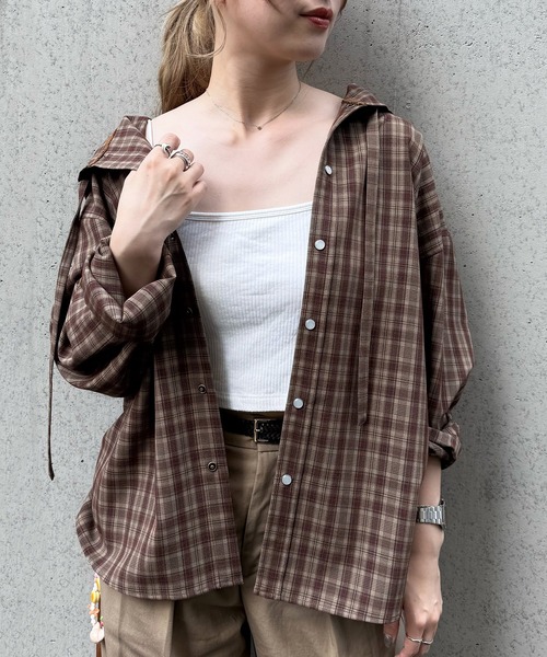 DOUBLE NAME(ダブルネーム)の「チェックフーディシャツ(シャツ/ブラウス・レディース・ピンク/ブラウン・FREE)」の12枚目の写真