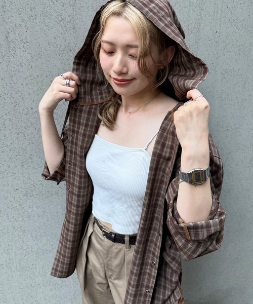 DOUBLE NAME(ダブルネーム)の「チェックフーディシャツ(シャツ/ブラウス・レディース・ピンク/ブラウン・FREE)」の14枚目の写真