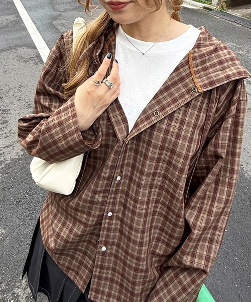 DOUBLE NAME(ダブルネーム)の「チェックフーディシャツ(シャツ/ブラウス・レディース・ピンク/ブラウン・FREE)」の10枚目の写真