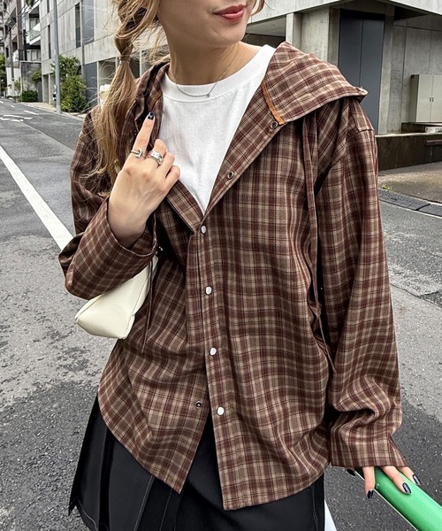 DOUBLE NAME(ダブルネーム)の「チェックフーディシャツ(シャツ/ブラウス・レディース・ピンク/ブラウン・FREE)」の16枚目の写真