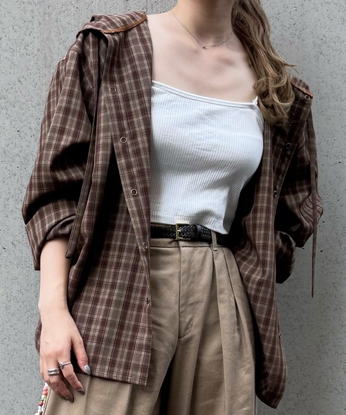 DOUBLE NAME(ダブルネーム)の「チェックフーディシャツ(シャツ/ブラウス・レディース・ピンク/ブラウン・FREE)」の19枚目の写真