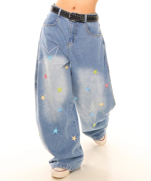 セール】Y2Kカラフルスター刺繍バギーデニムパンツ（デニムパンツ