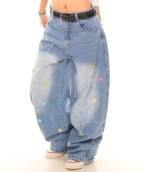 セール】Y2Kカラフルスター刺繍バギーデニムパンツ（デニムパンツ