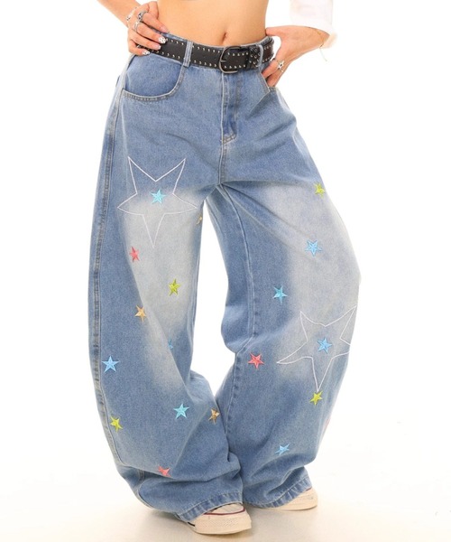 セール】Y2Kカラフルスター刺繍バギーデニムパンツ（デニムパンツ