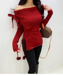 赤 ニット オフショルダー リボン付き ladiesknit-011-4.jpg