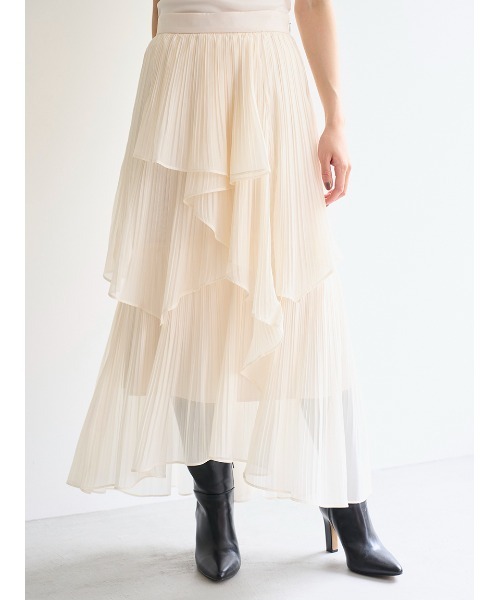 ℋ様【即売】SNIDEL (O)/ストレートプリーツティアードスカート ホワイト SNIDEL（スナイデル）の「ストレートプリーツティアードスカート