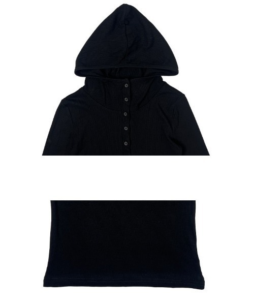 スリムフィットフード付きボタン長袖Tシャツ（Tシャツ/カットソー