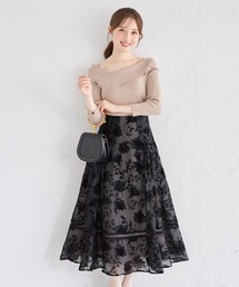 バックレースアップシアーフロッキーフラワータックボリュームフレアスカート