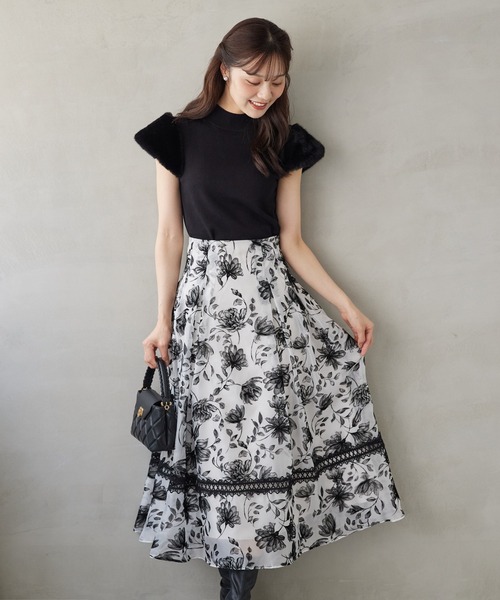 【新品】モニーレ ウエストリブ フレアスカート フロッキー 千鳥格子 シアー 黒 MONiLE 【新品タグ付き】 シアーふくれ千鳥フロッキースカート