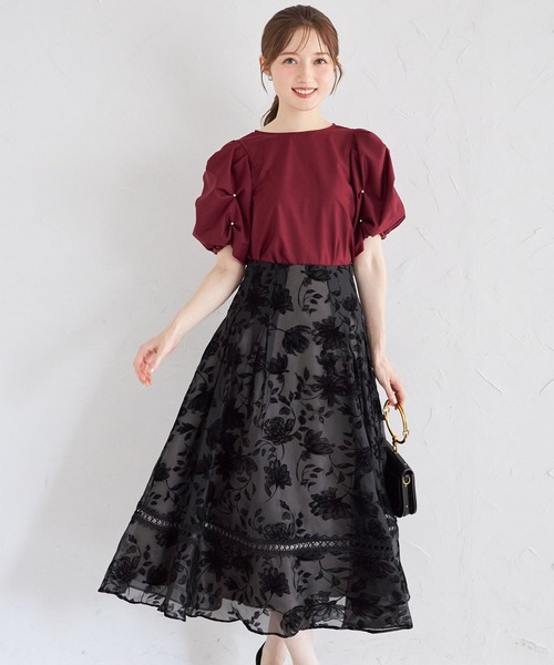 tocco closet(トッコ クローゼット)の「バックレースアップシアーフロッキーフラワータックボリュームフレアスカート(スカート・レディース・ブラック/オフホワイト・M)」の13枚目の写真