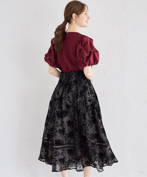 バックレースアップシアーフロッキーフラワータックボリュームフレアスカート バックレースアップシアーフロッキーフラワータックボリューム