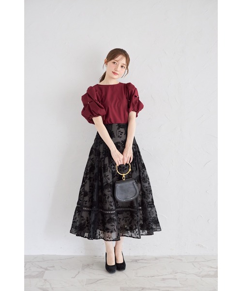 tocco closet(トッコ クローゼット)の「バックレースアップシアーフロッキーフラワータックボリュームフレアスカート(スカート・レディース・ブラック/オフホワイト・M)」の12枚目の写真