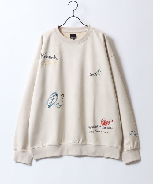 セール】Hand Drawn Illustration Embroidery Fake Suede Sweat Shirt