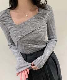アシメネックリブニットトップス