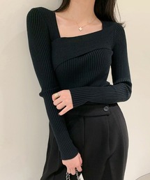 アシメネックリブニットトップス