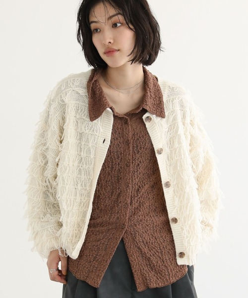 Green　Parks（グリーンパークス）の「ループニットカーディガン（カーディガン/ボレロ・レディース・グレー/アイボリー・FREE）」の2枚目の写真