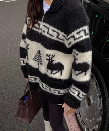 VIBGYOR | ノルディック柄ジャガードジップカーディガン /トナカイモチーフ ジャガード 韓国 秋冬(CZ)(カーディガン/ボレロ)