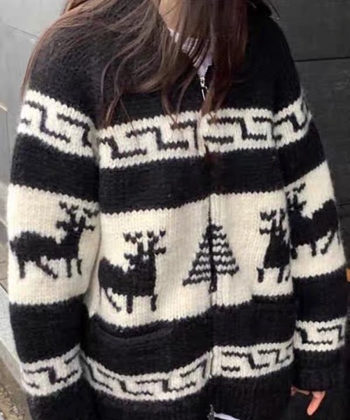 VIBGYOR（ヴィブジョー）の「ノルディック柄ジャガードジップカーディガン /トナカイモチーフ ジャガード 韓国 秋冬(CZ)（カーディガン/ボレロ・レディース・グレー/ブラック・FREE）」の7枚目の写真
