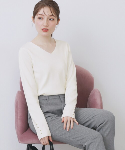 セール】ゴールドボタンVネックニット【洗濯機OK】《6col》（ニット