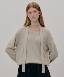 V-NECK MUFFLER KNIT TOP LIGHT GREY