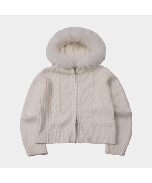 PLACE STUDIO（プレイススタジオ）の「ケーブルニットフードファートリミング2WAYフルジップセミクロップカーディガン_2COLOR（カーディガン/ボレロ・レディース・グレー/アイボリー・FREE）」の1枚目の写真