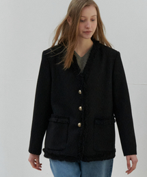 FRINGE V NECK TWEED JACKET - BLACK