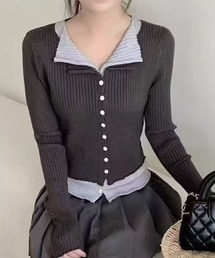 配色レイヤード前ボタントップス