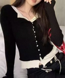 配色レイヤード前ボタントップス