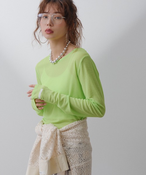 bohmal（ボマール）の「シアーレイヤード風ロングスリーブトップス（Tシャツ/カットソー・レディース・ライム/ブラック/ホワイト・FREE）」の3枚目の写真