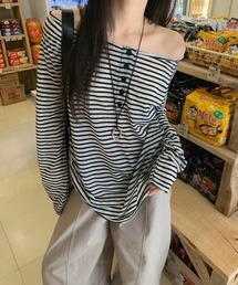 【春夏新作】ヘンリーネックボーダー柄ゆったりシアートップス